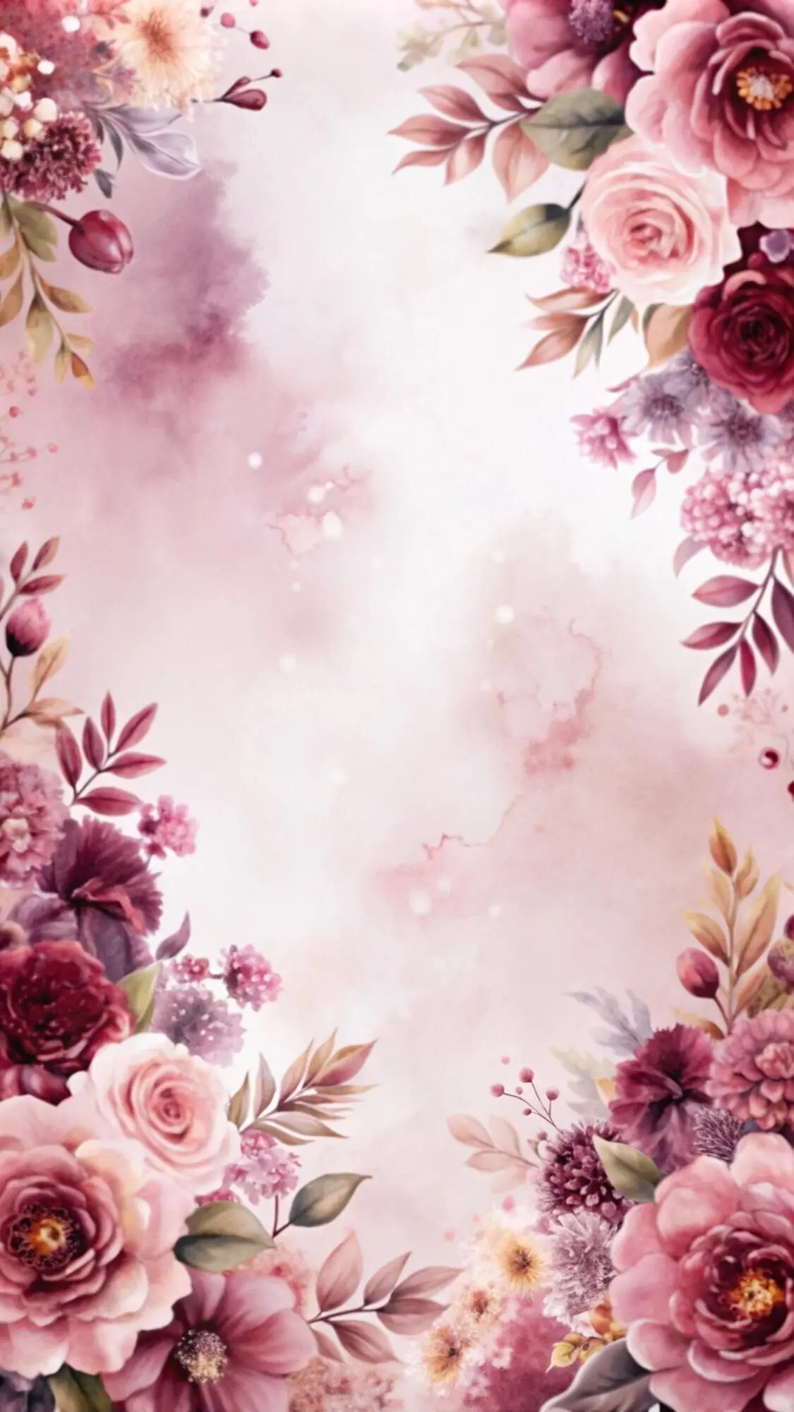 Aquarell-Blumenrahmen mit pinken, roten und violetten Blumen auf einem zartrosa Hintergrund.